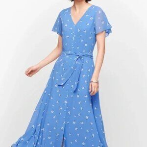 Talbots-Blue Chiffon Scattered Floral Button Front Midi Dress 16